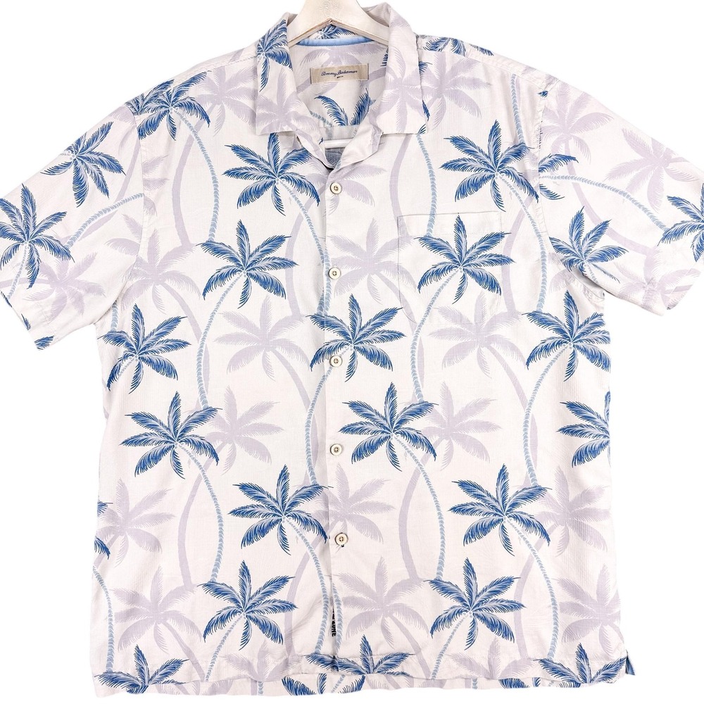 Tommy Bahama Shirt Mens 2XL White Palm Tree Silk Blend Hawaiian Short Sleeve